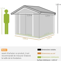 Abri de jardin - remise pour outils - cabanon porte verrouillable - dim. 213L x 130l x 185H cm - tôle d'acier gris
