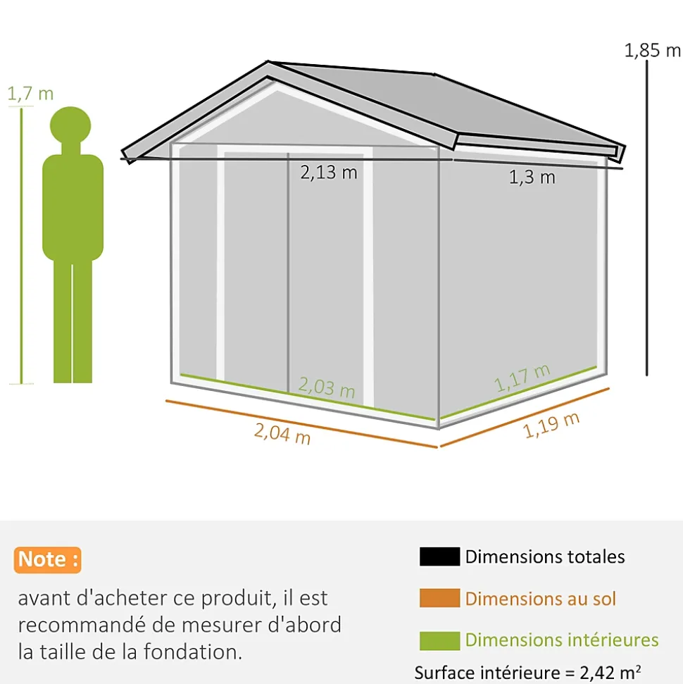 Abri de jardin - remise pour outils - cabanon porte verrouillable - dim. 213L x 130l x 185H cm - tôle d'acier gris