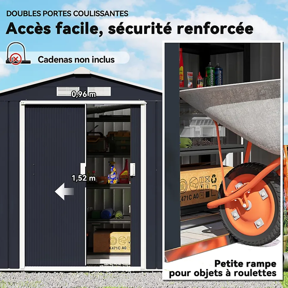 Abri de jardin - remise pour outils - cabanon porte verrouillable - dim. 213L x 130l x 185H cm - tôle d'acier gris