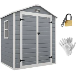 Abri de jardin cabanon 2,12 m² - 2 portes, fenêtre, aération, toit double pente - résine PP gris