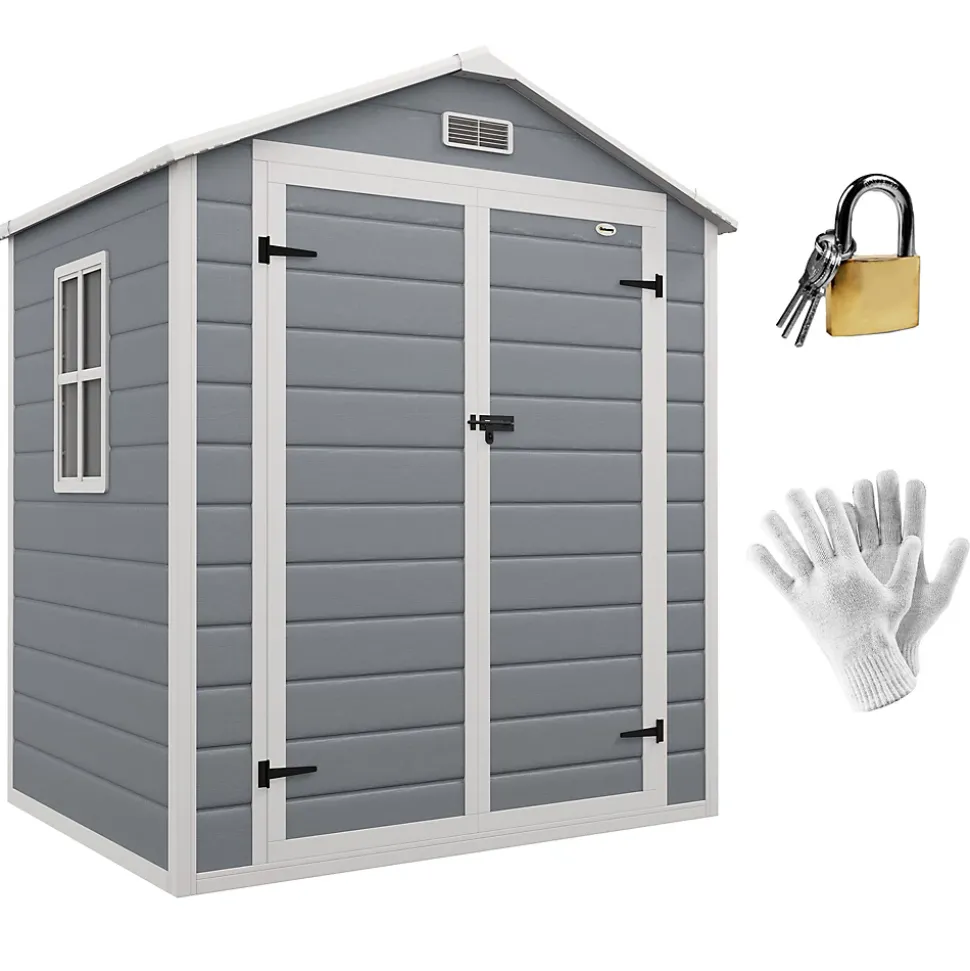 Abri de jardin cabanon 2,12 m² - 2 portes, fenêtre, aération, toit double pente - résine PP gris