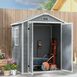 Abri de jardin cabanon 2,12 m² - 2 portes, fenêtre, aération, toit double pente - résine PP gris