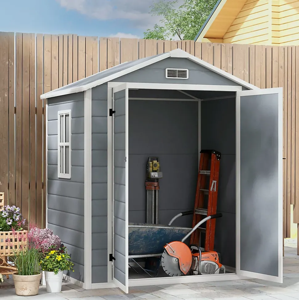 Abri de jardin cabanon 2,12 m² - 2 portes, fenêtre, aération, toit double pente - résine PP gris
