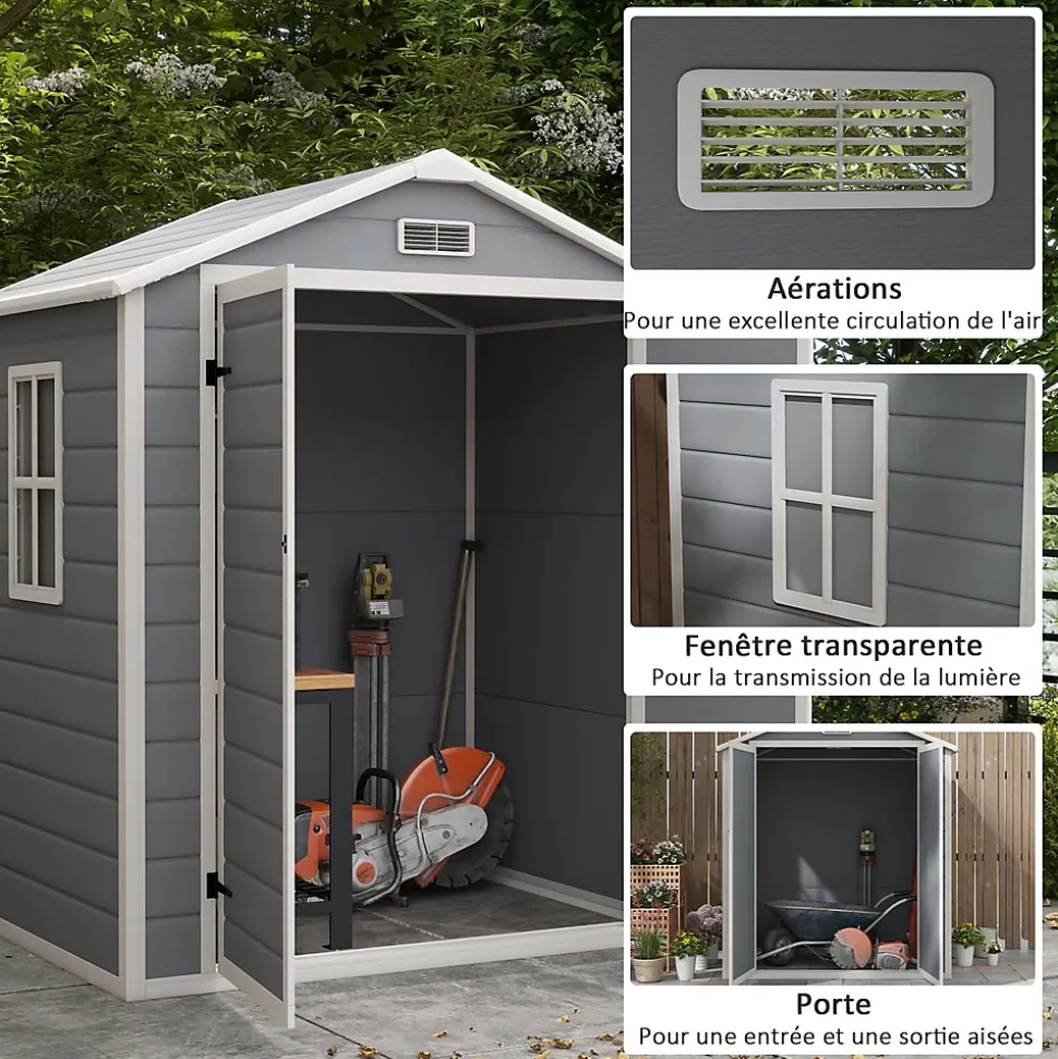 Abri de jardin cabanon 2,12 m² - 2 portes, fenêtre, aération, toit double pente - résine PP gris