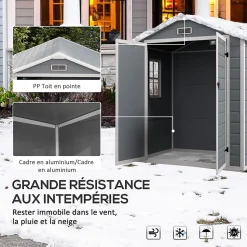 Abri de jardin cabanon 2,12 m² - 2 portes, fenêtre, aération, toit double pente - résine PP gris