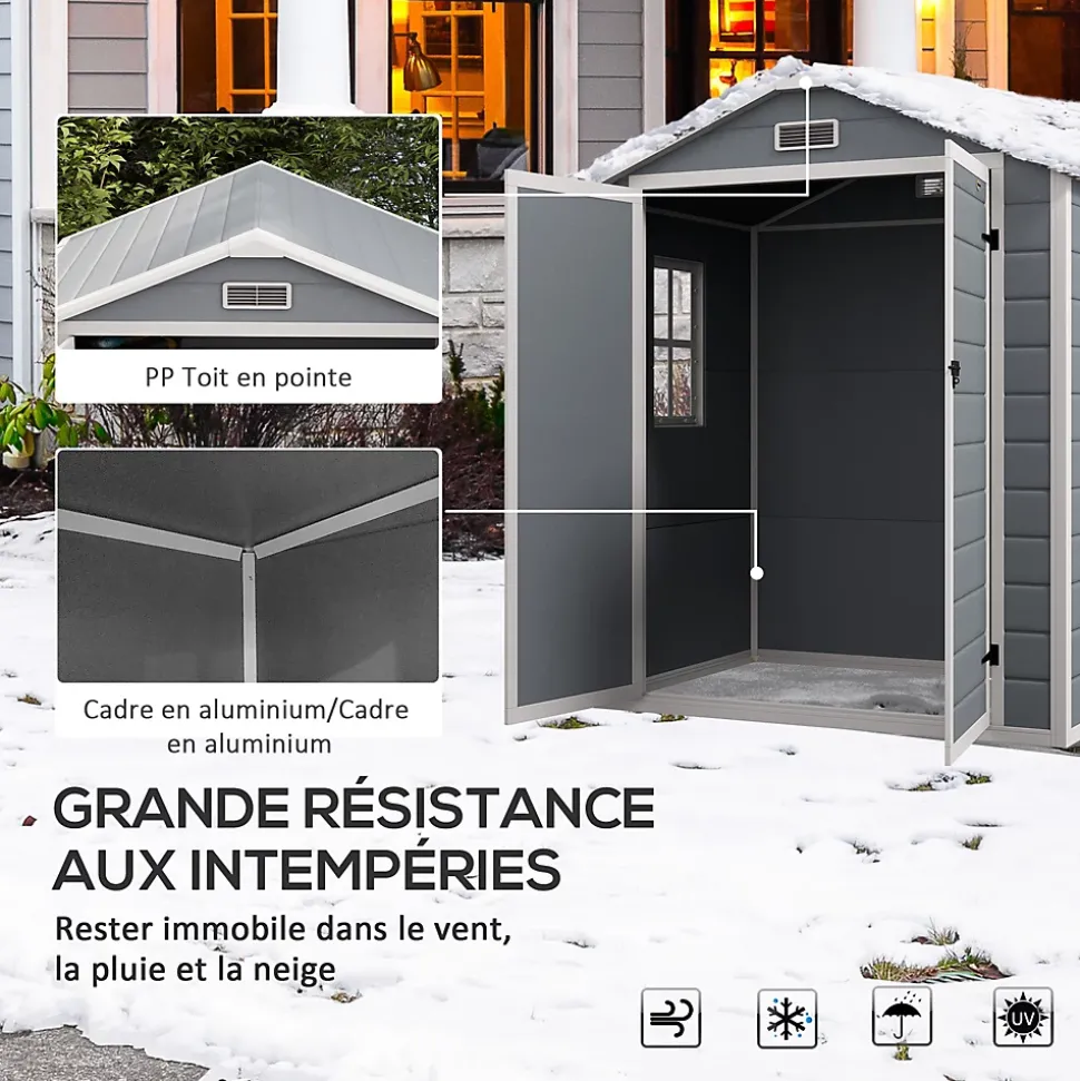 Abri de jardin cabanon 2,12 m² - 2 portes, fenêtre, aération, toit double pente - résine PP gris