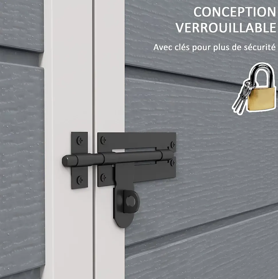 Abri de jardin cabanon 2,12 m² - 2 portes, fenêtre, aération, toit double pente - résine PP gris
