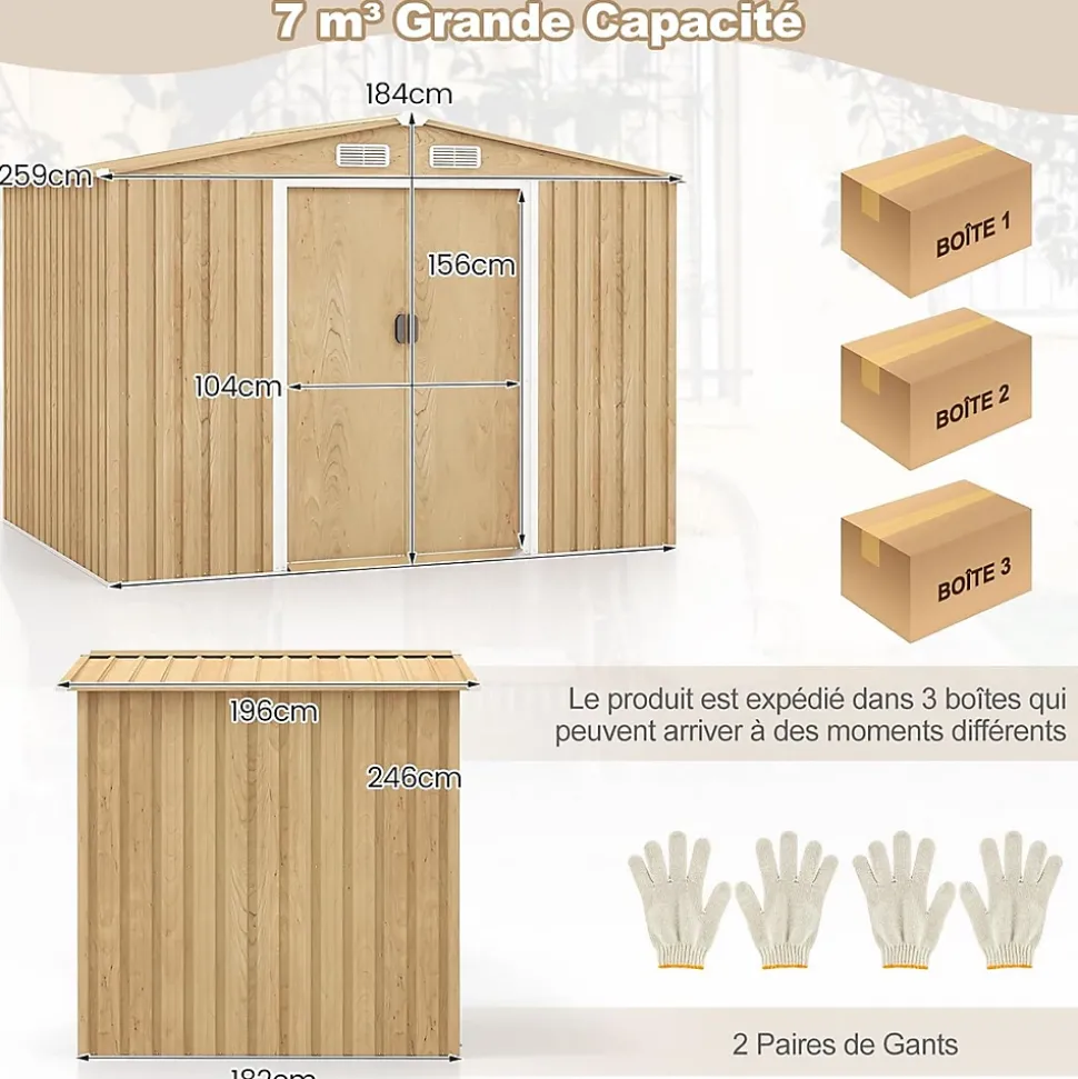 Abri de Jardin en Acier Galvanisé Anti-UV avec Portes Verrouillables, Plancher, Bouches d'Aération, 259x196x184cm, 5m² Naturel