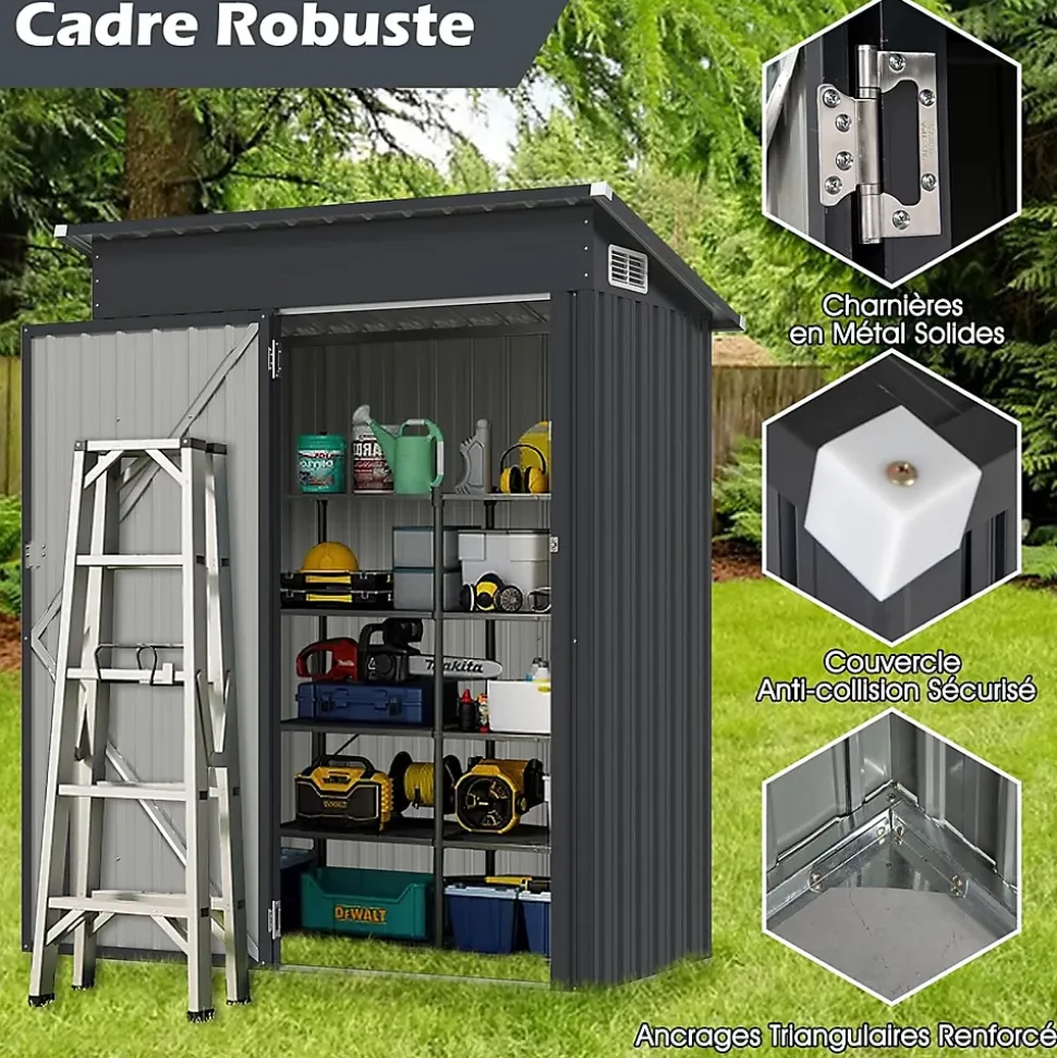 Abri de Jardin en Métal pour Outils avec Toit Incliné 150 x 88 x 185 CM avec Évant d'Aération Potre Fermable