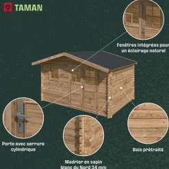 Abri de jardin Klikstrom Taman bois traité autoclave marron ép.34 mm surface totale 14.12m²