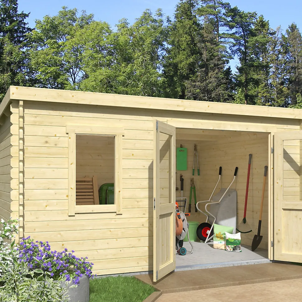 Abri de jardin Klikstrom Linda bois naturel ép.34 mm surface totale 12.2m²