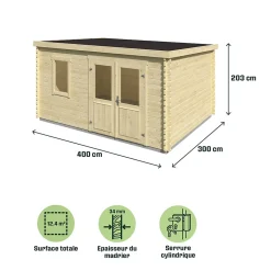 Abri de jardin Klikstrom Linda bois naturel ép.34 mm surface totale 12.2m²