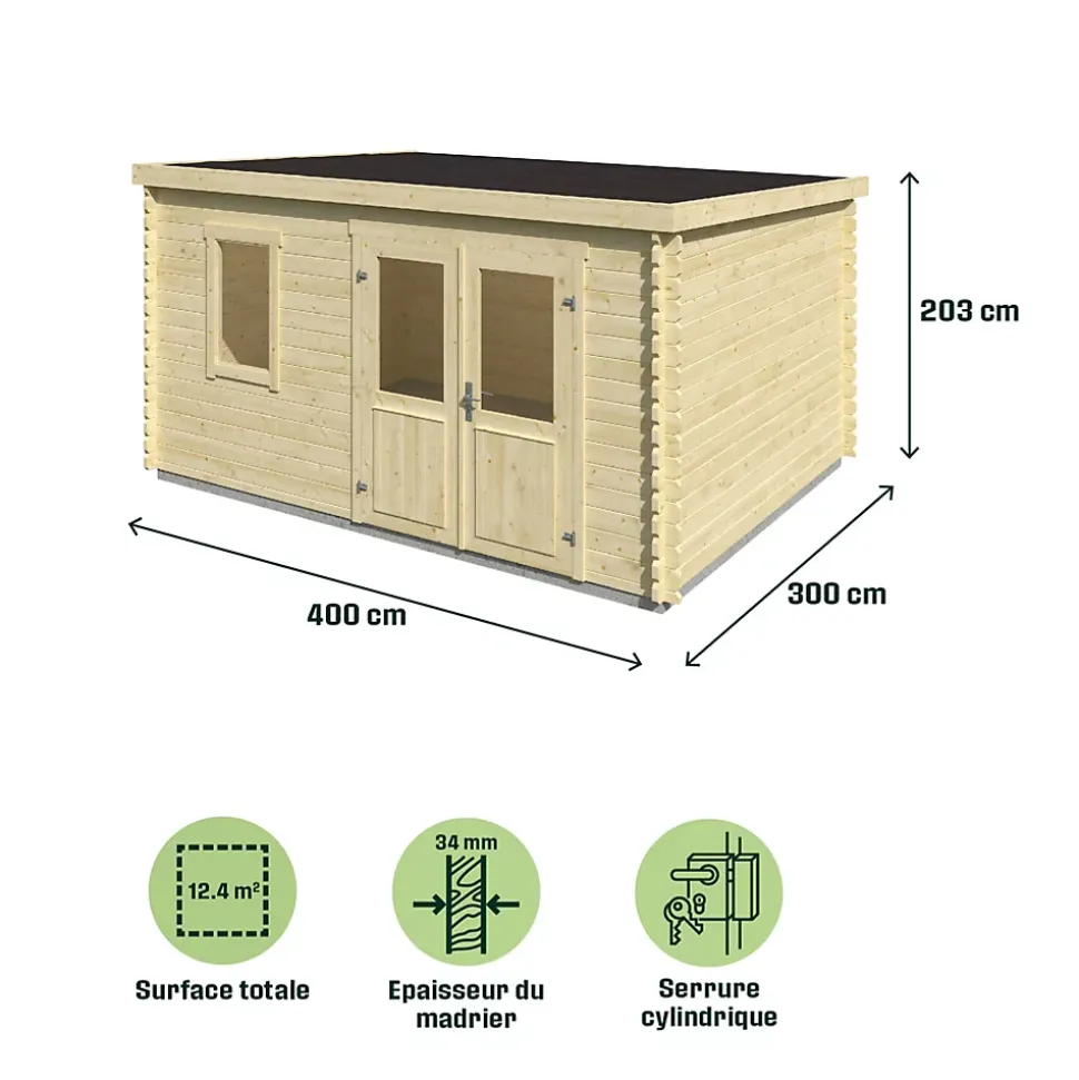 Abri de jardin Klikstrom Linda bois naturel ép.34 mm surface totale 12.2m²