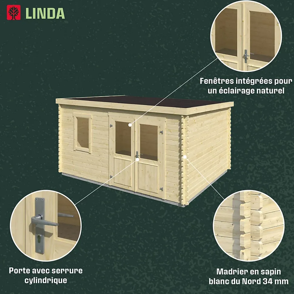 Abri de jardin Klikstrom Linda bois naturel ép.34 mm surface totale 12.2m²