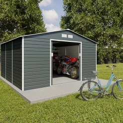 Abri de jardin métal gris 12,27 m2 + kit d'ancrage