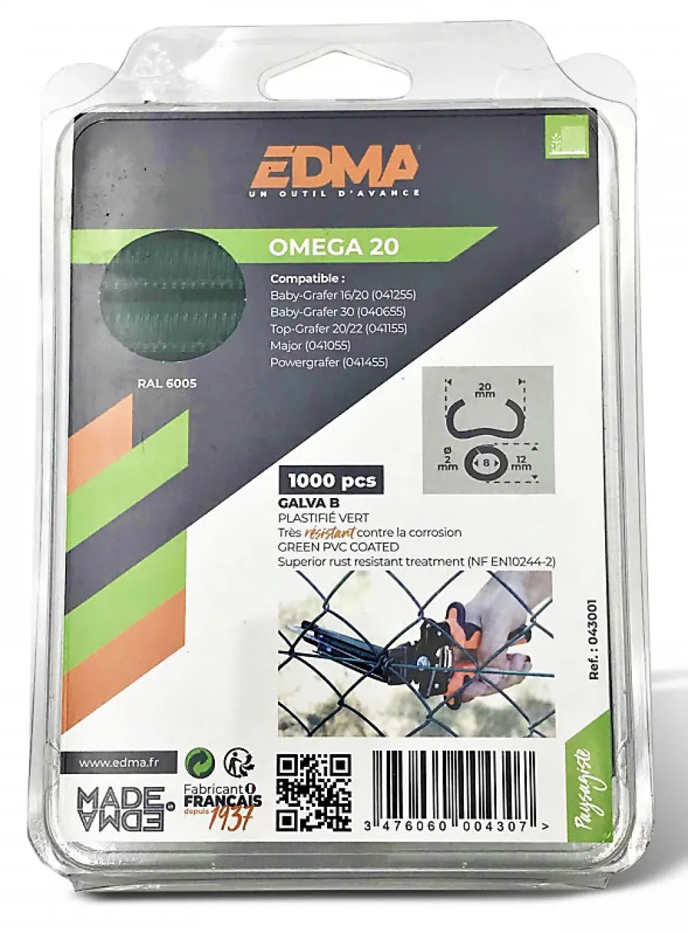 Agrafe à grillage OMEGA 20mm verte boîte de 1000 - EDMA - 043001