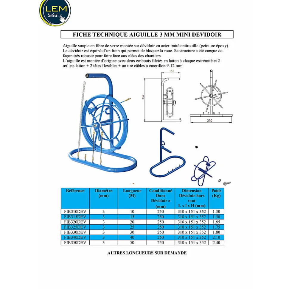 Aiguille tire-fil 3 mm L 15 M sur mini dévidoir (avec accessoires)