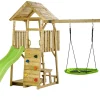 Aire de jeux bois, balançoires, nid, toboggan, escalade, bac à sable, table WOODI