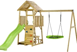 Aire de jeux bois, balançoires, nid, toboggan, escalade, bac à sable, table WOODI