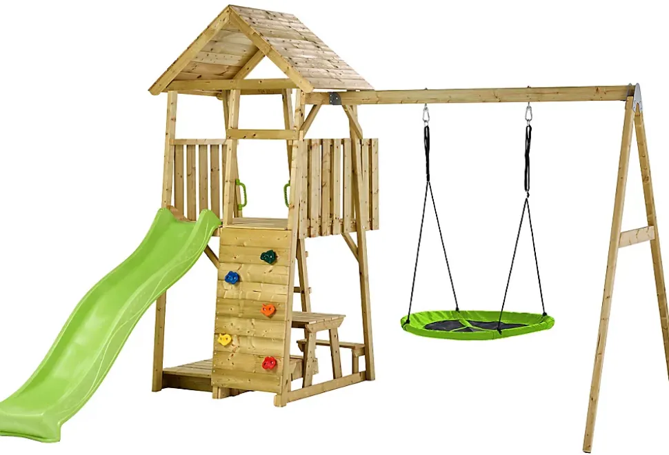 Aire de jeux bois, balançoires, nid, toboggan, escalade, bac à sable, table WOODI
