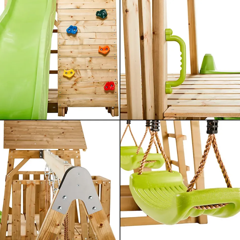 Aire de jeux bois, balançoires, nid, toboggan, escalade, bac à sable, table WOODI
