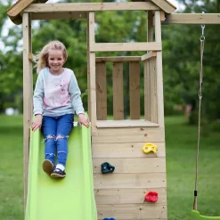 Aire de jeux bois, balançoires, nid, toboggan, escalade, bac à sable, table WOODI