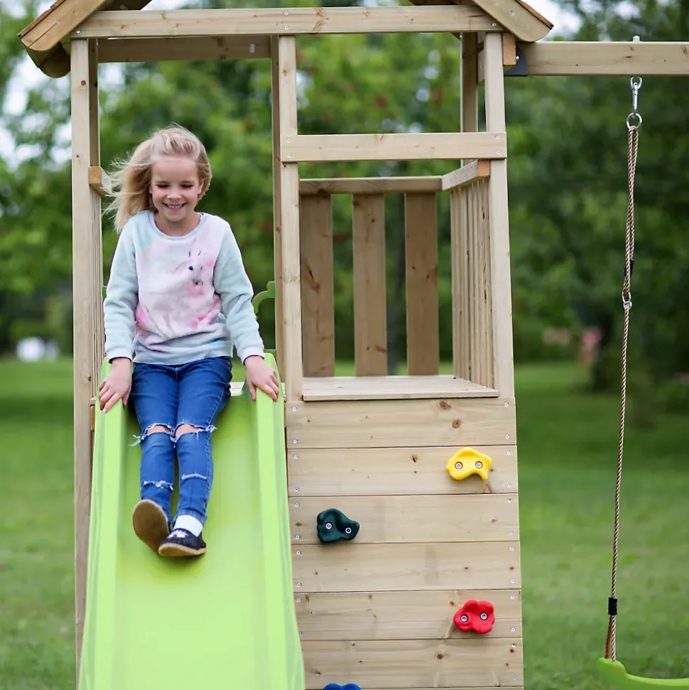 Aire de jeux bois, balançoires, nid, toboggan, escalade, bac à sable, table WOODI