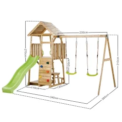 Aire de jeux bois, balançoires, nid, toboggan, escalade, bac à sable, table WOODI