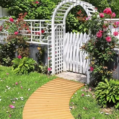 Allée de Jardin 216CM en Bois avec Surface Antidérapante Chemin de Jardin Déroulant Fils Métalliques avec Gaine Naturel