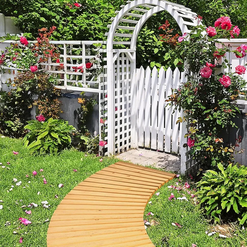 Allée de Jardin 216CM en Bois avec Surface Antidérapante Chemin de Jardin Déroulant Fils Métalliques avec Gaine Naturel
