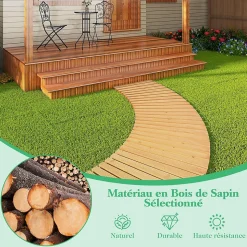 Allée de Jardin 216CM en Bois avec Surface Antidérapante Chemin de Jardin Déroulant Fils Métalliques avec Gaine Naturel