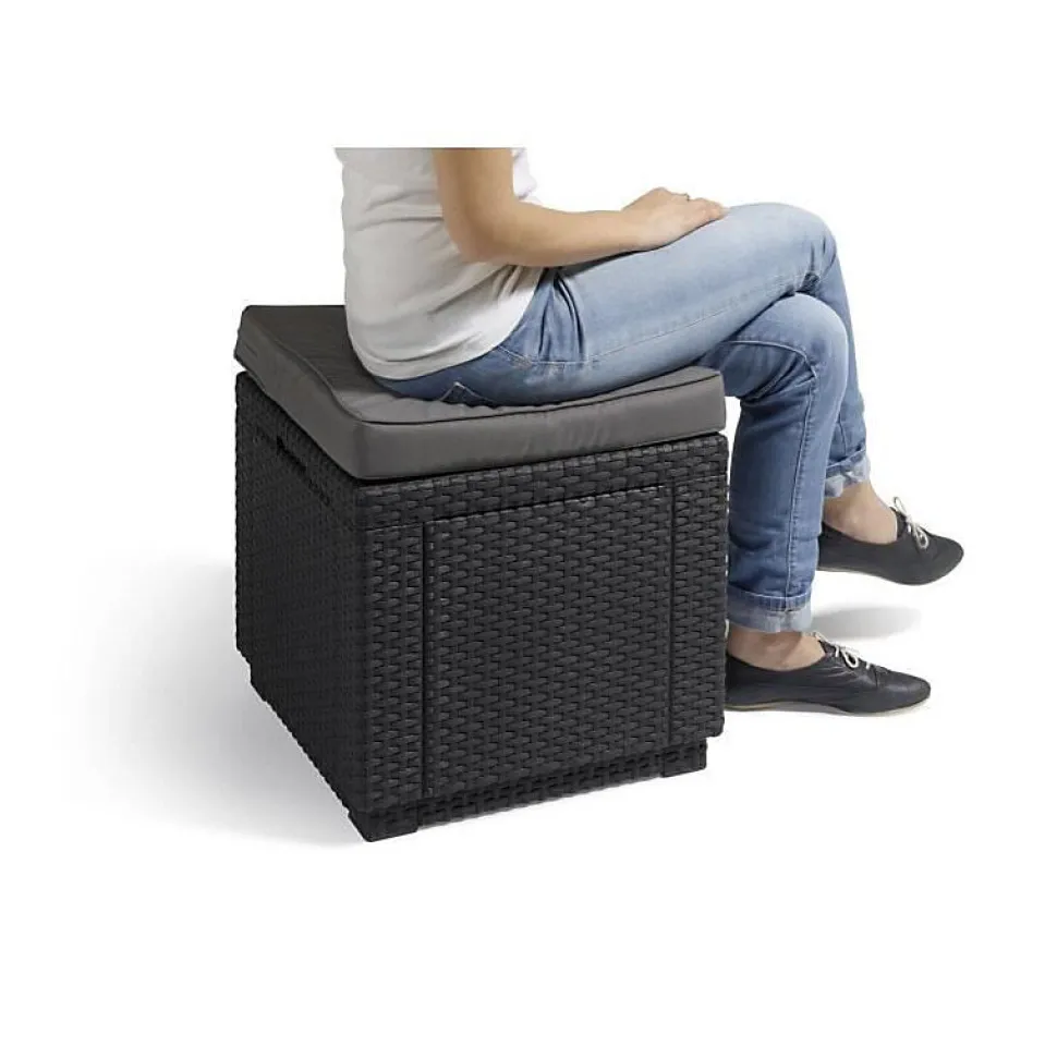 ALLIBERT JARDIN Table-pouf avec coussin et rangement integre - Imitation rotin tresse graphite