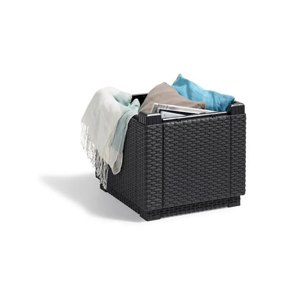 ALLIBERT JARDIN Table-pouf avec coussin et rangement integre - Imitation rotin tresse graphite
