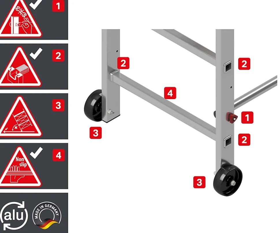 AluCombine 4 300 hauteur de travail 3m echafaudage echellee 2 roues echafaudage fixes 100mm