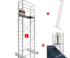 AluCombine 3 500 hauteur de travail 5m echafaudage echellee traverse 2 roues echafaudage fixes 80mm ancrages muraux