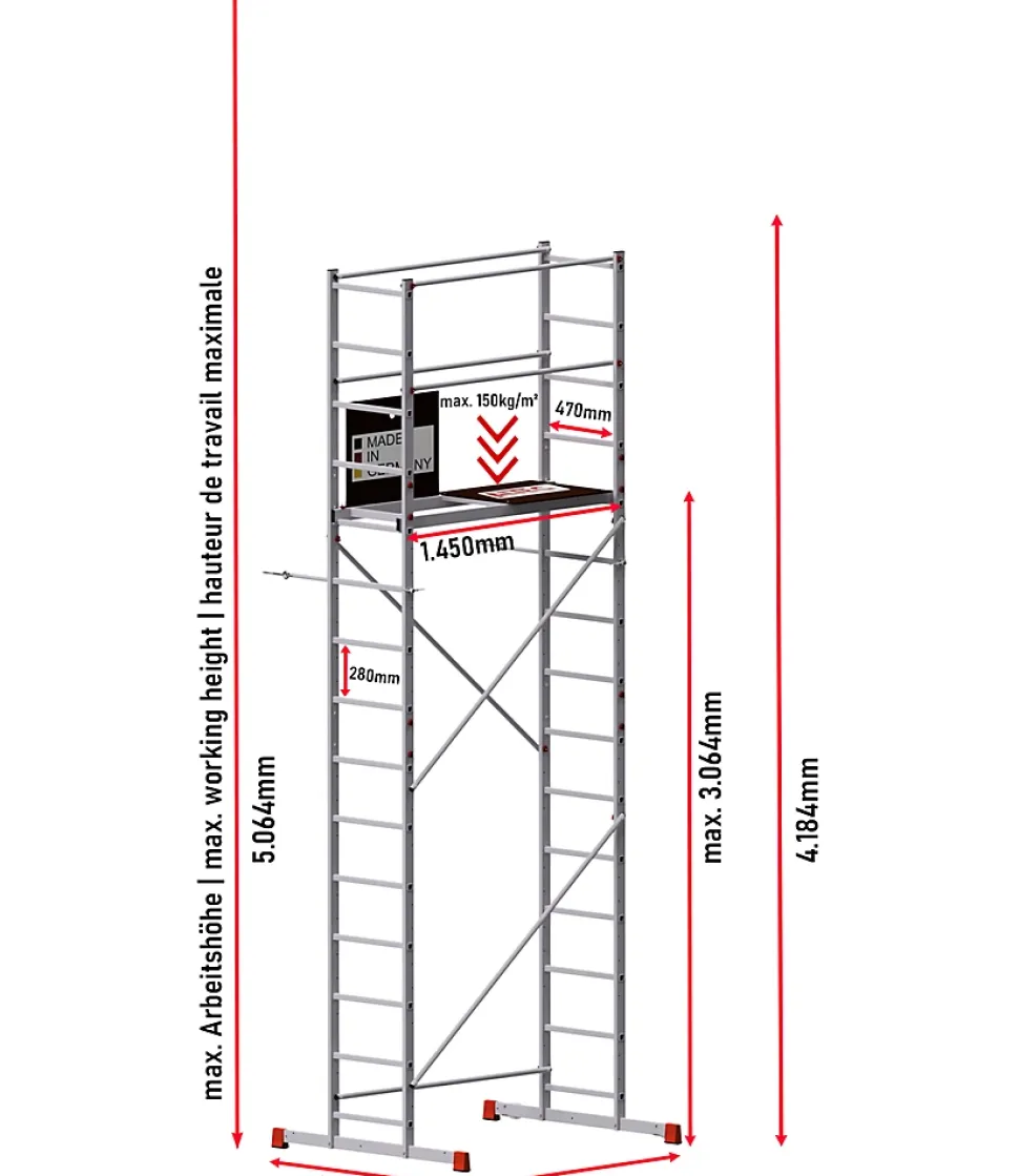 AluCombine 3 500 hauteur de travail 5m echafaudage echellee traverse 2 roues echafaudage fixes 80mm ancrages muraux