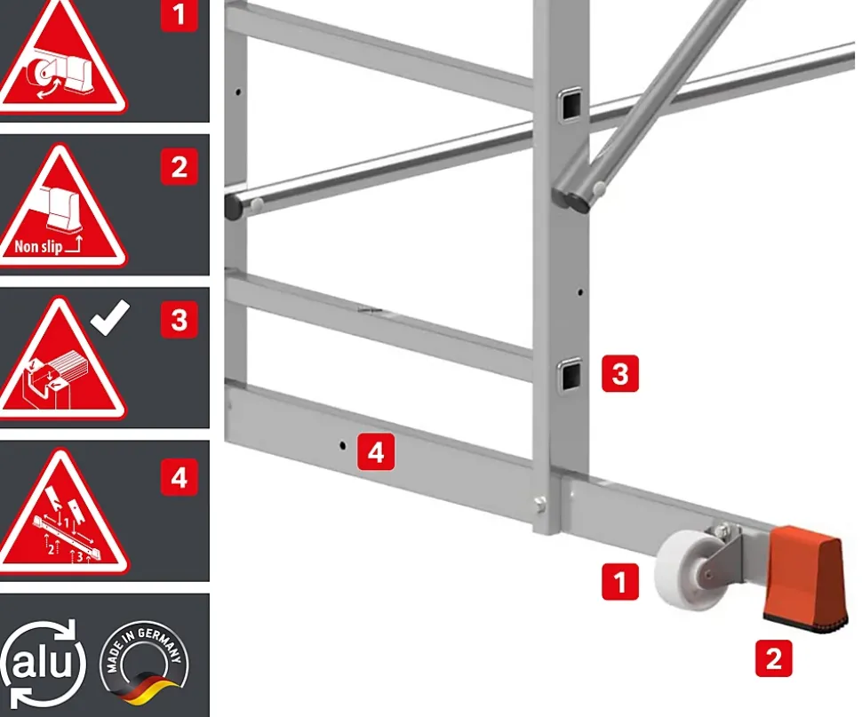 AluCombine 3 500 hauteur de travail 5m echafaudage echellee traverse 2 roues echafaudage fixes 80mm ancrages muraux