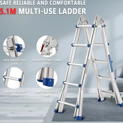Aluminium Echelle télescopique 5.1 m, 3 en 1 Escalier articulé Pliable Télescopique Multifonction Aluminium 5 x 5 marches