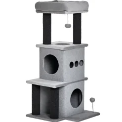 Arbre à chat centre d'activités griffoirs jeu boule suspendue et à ressort 2 niches housses amovibles plateformes gris