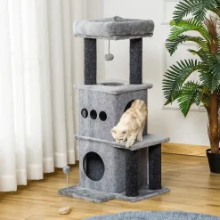 Arbre à chat centre d'activités griffoirs jeu boule suspendue et à ressort 2 niches housses amovibles plateformes gris