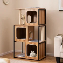 Arbre à Chat 133CM avec Cadre en Métal 3 Niches Griffoirs et Planche en Sisal Coussins Lavables