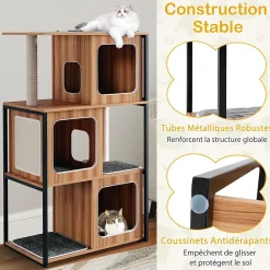 Arbre à Chat 133CM avec Cadre en Métal 3 Niches Griffoirs et Planche en Sisal Coussins Lavables