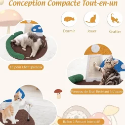 Arbre à Chat de Champignon avec Poteau en Sisal Planche à Griffer Balle à Ressort Petit Arbre à Chat avec Condo 43cm