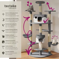 Arbre à chat griffoir 201 cm avec système de sécurité gris/blanc