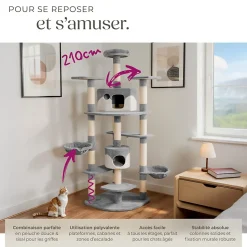Arbre à chat griffoir 201 cm avec système de sécurité gris/blanc