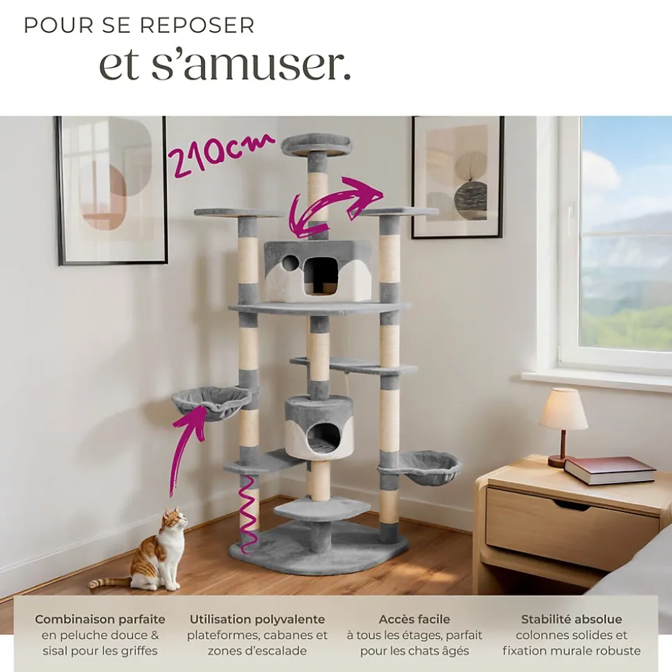 Arbre à chat griffoir 201 cm avec système de sécurité gris/blanc