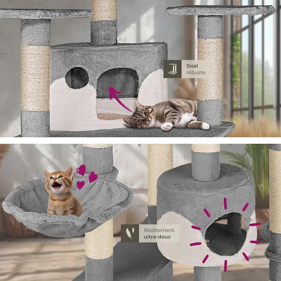 Arbre à chat griffoir 201 cm avec système de sécurité gris/blanc