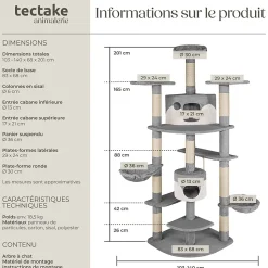 Arbre à chat griffoir 201 cm avec système de sécurité gris/blanc
