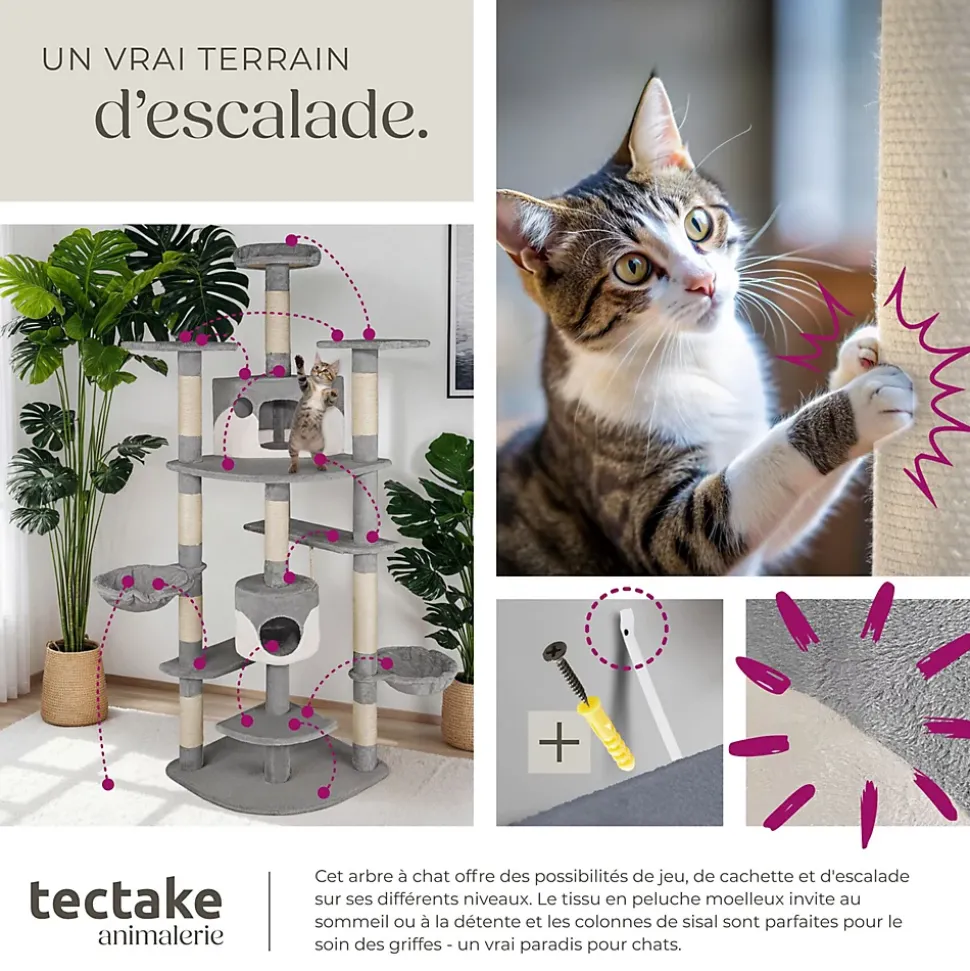 Arbre à chat griffoir 201 cm avec système de sécurité gris/blanc