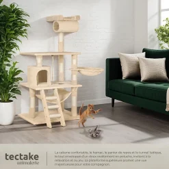 Arbre à chat griffoir escalade 141 cm et système de sécurité beige